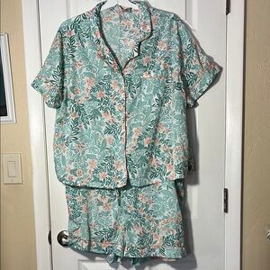 Joie pajama set shorts/short sleeve tropical floral green coral pockets 2XL